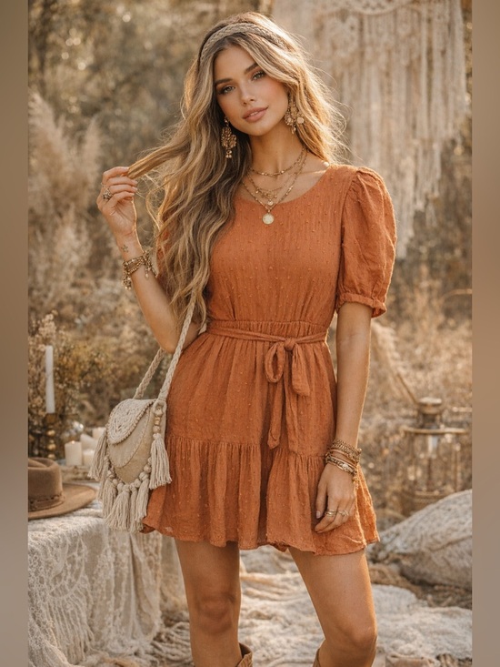 JessaKae Dresses & Skirts - Jessakae burnt orange textured puff sleeve mini dress
